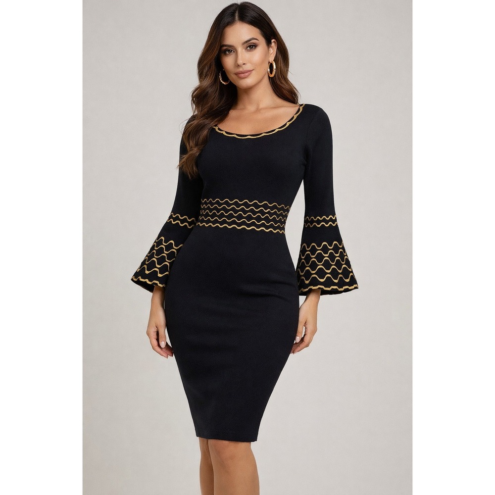 NWT NINA LEONARD Black Knit 3/4 Bell-Sleeve Sweater Dress Size Small Gold Trim